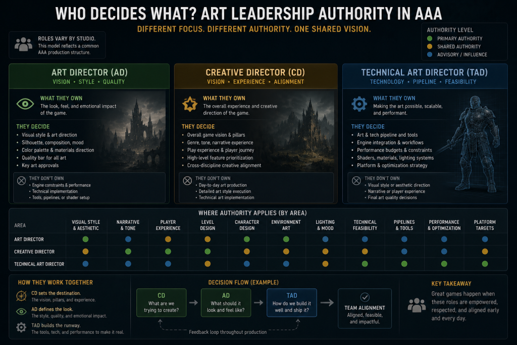 Diagram showing how art director, creative director, and technical art director authority differ on an AAA team