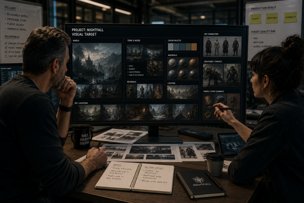 Producer and art director reviewing a visual target package for an AAA game production