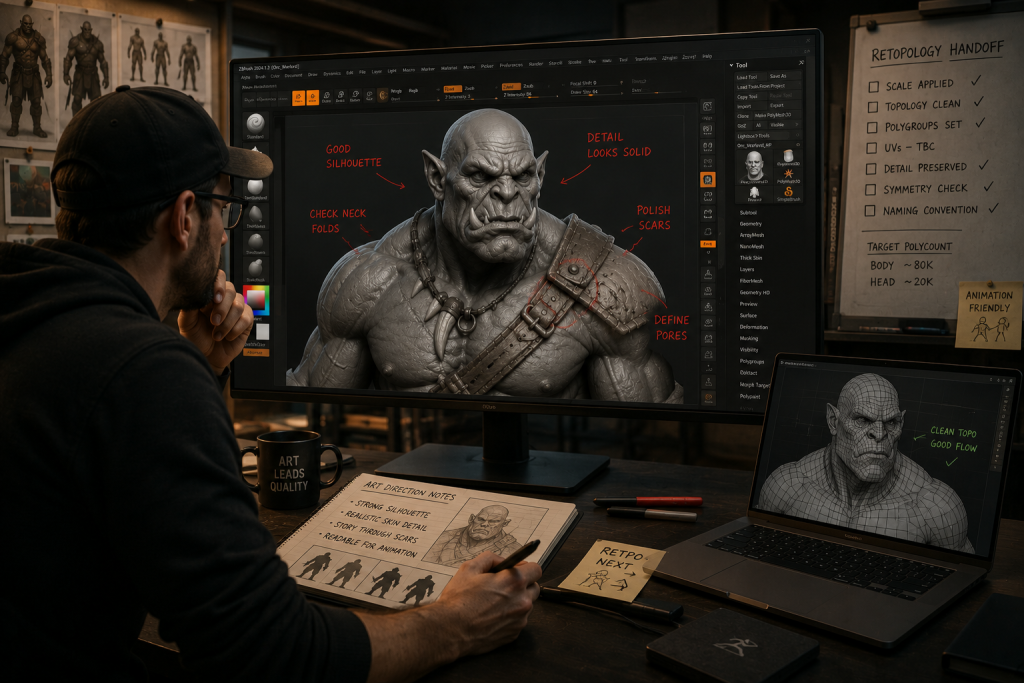 Editorial illustration of an art director reviewing a sculpt before the retopology handoff