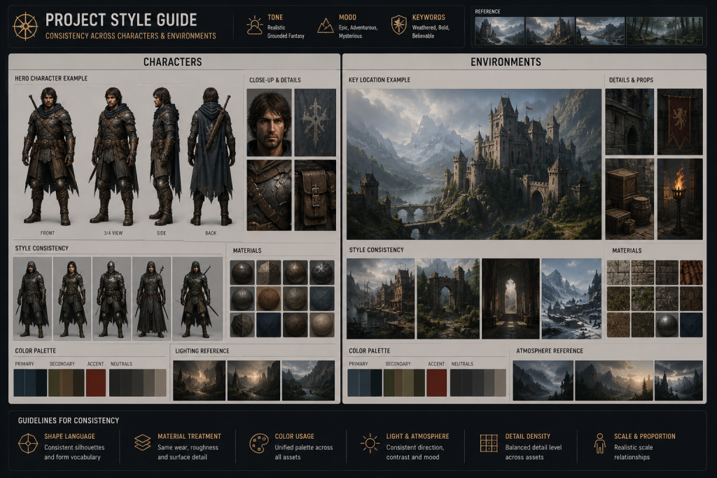 Side-by-side comparison sheet showing style guide consistency across 3D character and environment art