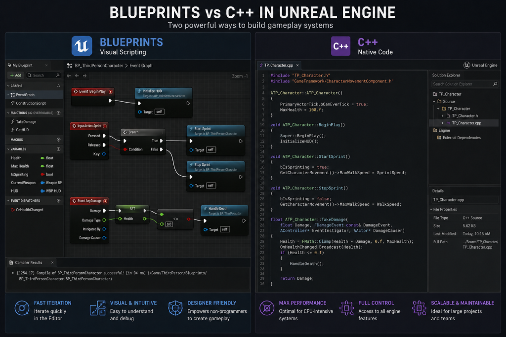 Side-by-side comparison of Blueprint visual scripting and C++ code in Unreal Engine
