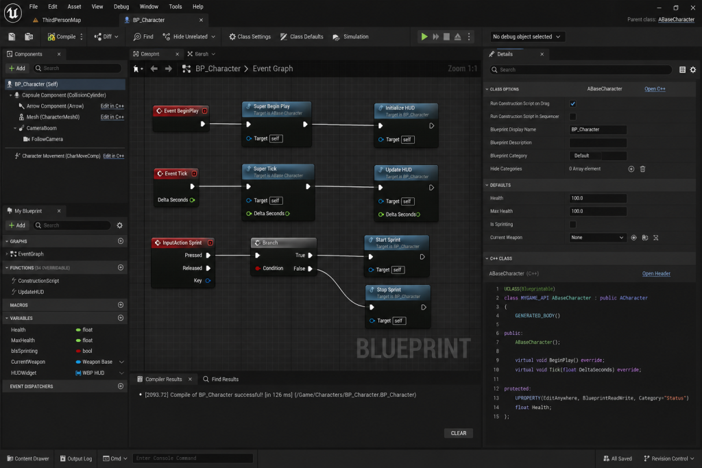 Unreal Engine editor showing a Blueprint graph connected to a C++ base class