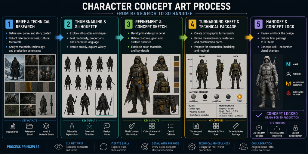 Five-stage character concept art process diagram from research to 3D handoff