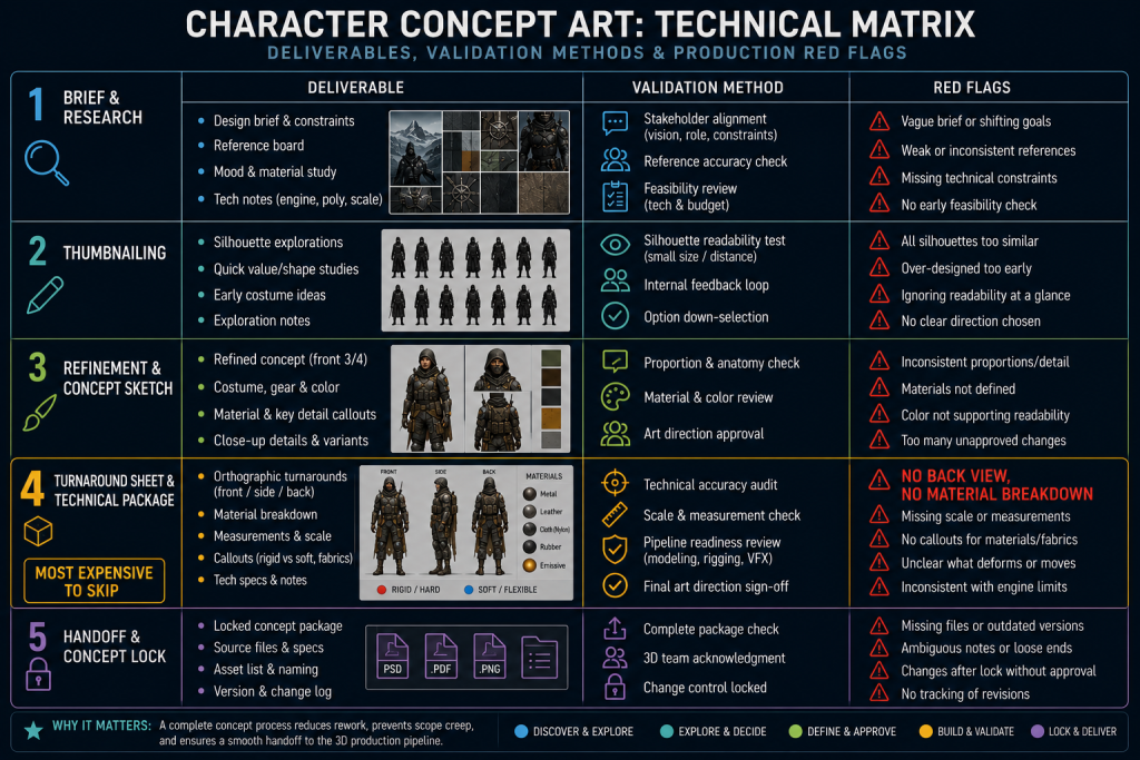Technical matrix comparing concept art deliverables, validation methods, and production red flags