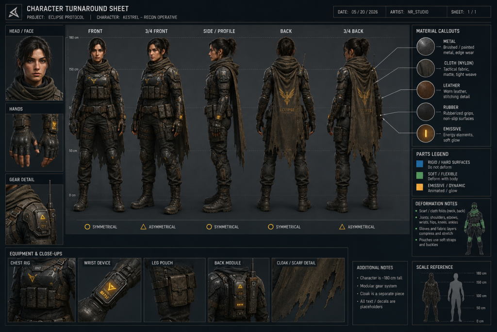 Character turnaround sheet showing front, side, and back views with material callouts