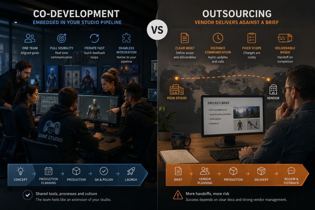 Editorial illustration comparing a co-development team embedded in a studio's pipeline against an outsourcing vendor delivering against a brief