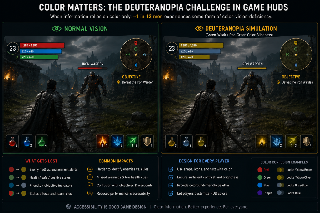 Comparison of a game HUD viewed normally and through a deuteranopia colorblind simulation, showing color-only information becoming unreadable