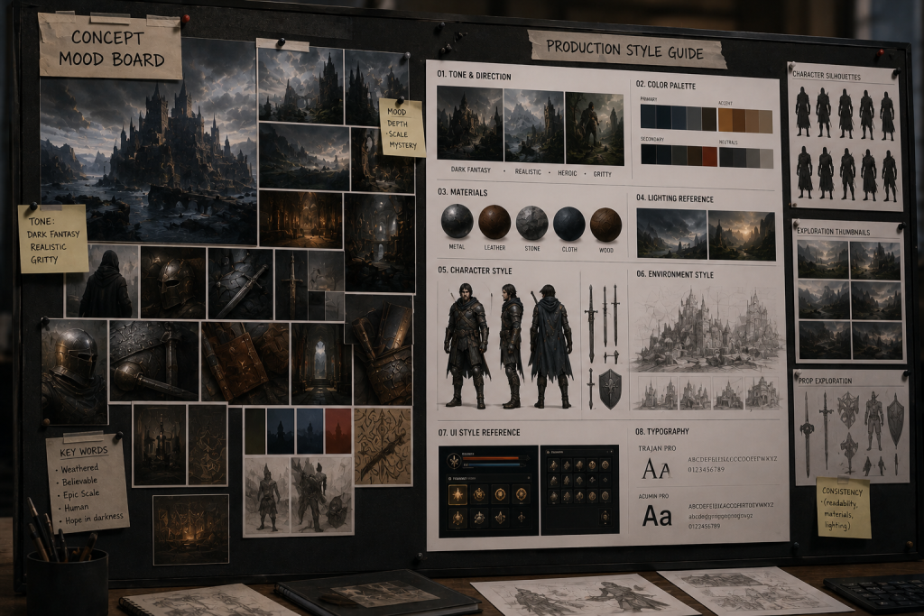 Concept art mood board pinned alongside a production style guide during AAA game development
