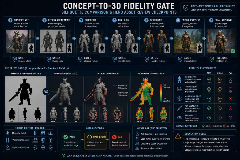 Concept-to-3D fidelity gate showing silhouette comparison and hero asset review checkpoints in a game art pipeline