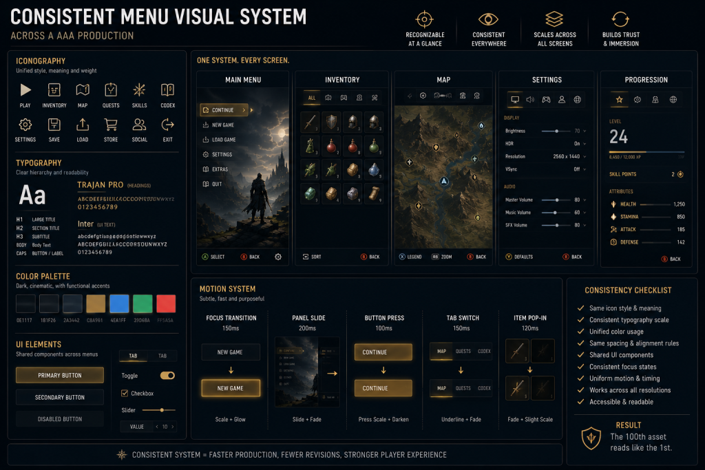 Consistent menu visual system across a AAA production - iconography, typography and motion