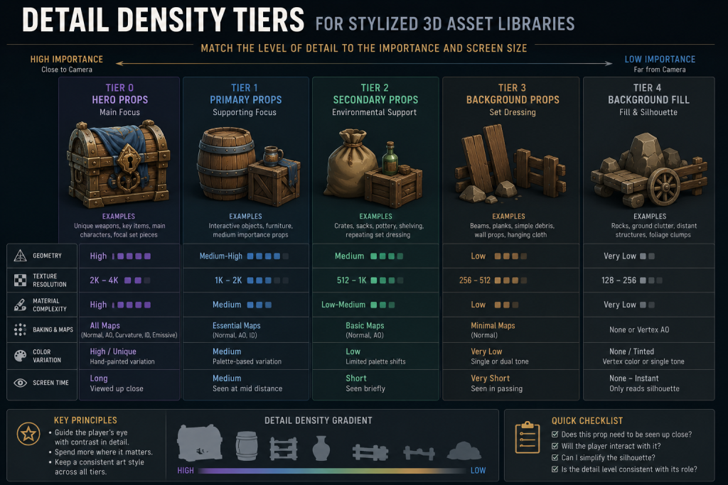 Detail density tier chart for stylized 3D asset libraries, from hero props to background fill