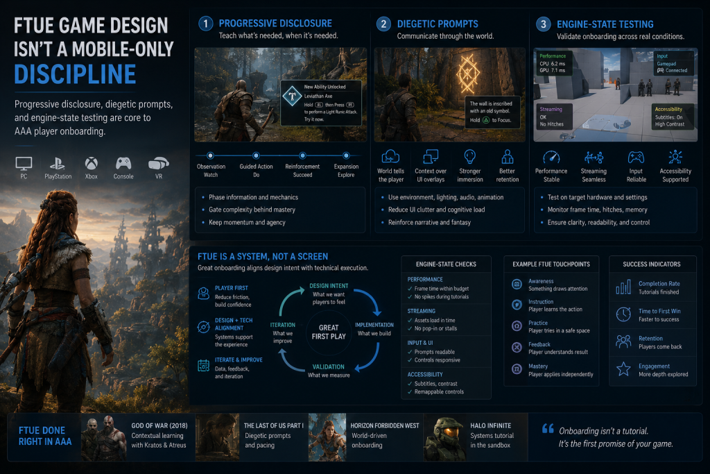 FTUE game design for AAA player onboarding across PC, console and VR — progressive disclosure, diegetic prompts and engine-state testing