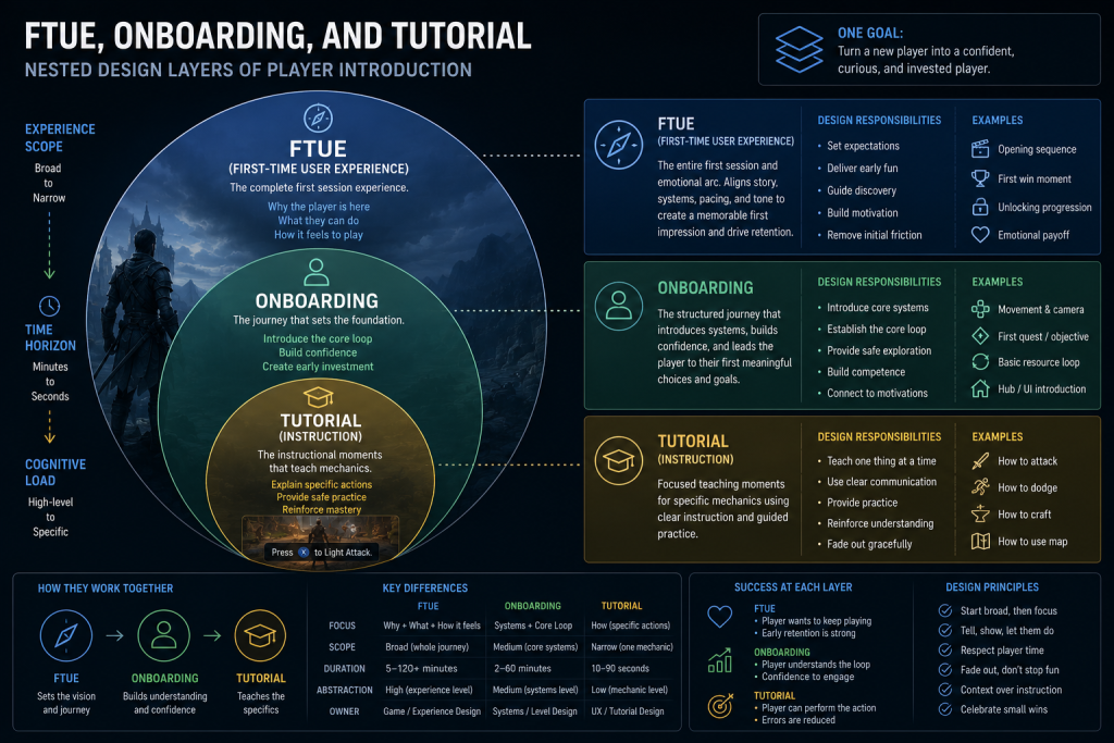 Diagram comparing FTUE, onboarding, and tutorial as nested design layers