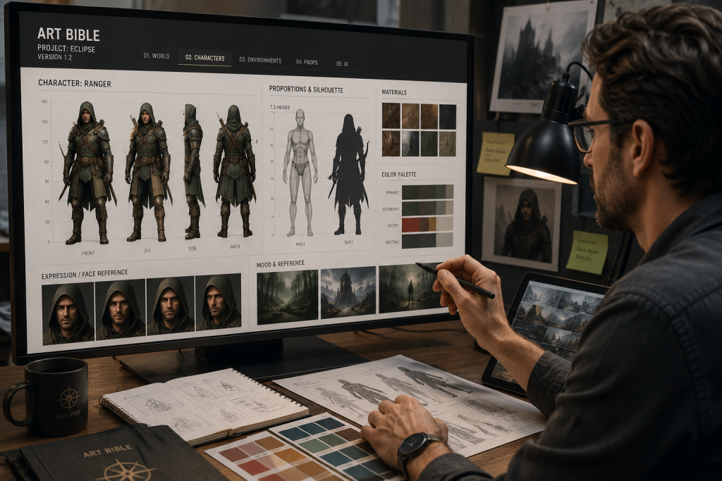 Art director reviewing a game art bible page with character proportions and color palette references