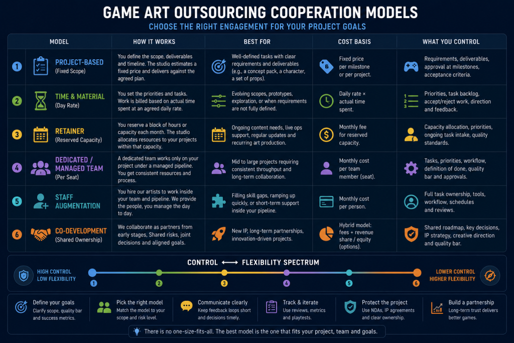 Comparison of game art outsourcing cooperation models — project-based, Time and Material, dedicated team and co-development