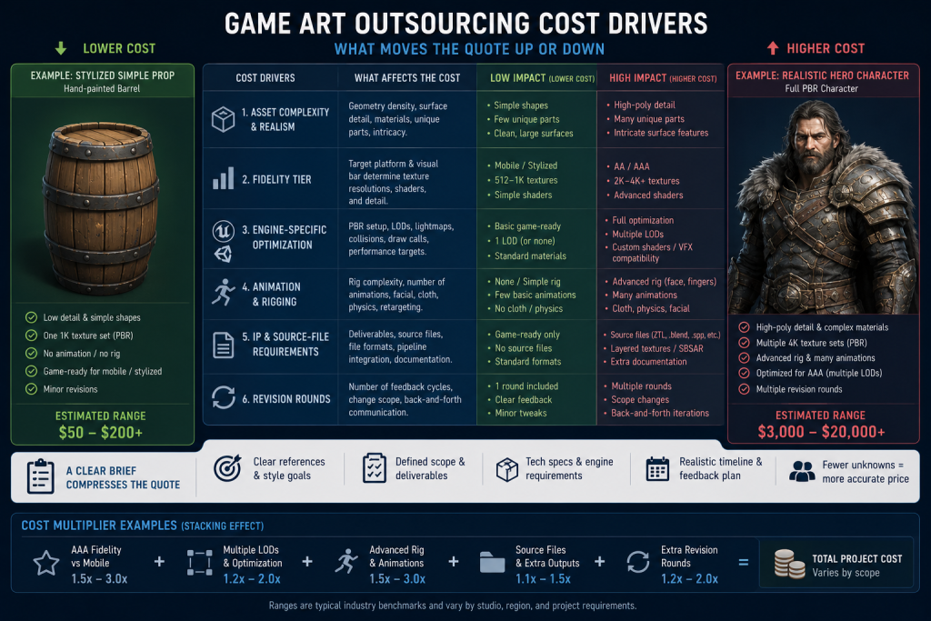 Game art outsourcing cost drivers by asset type, fidelity tier and engine optimization