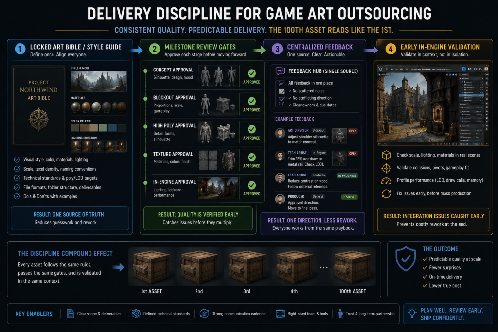 Delivery discipline for game art outsourcing — art bible, milestone review gates and in-engine validation