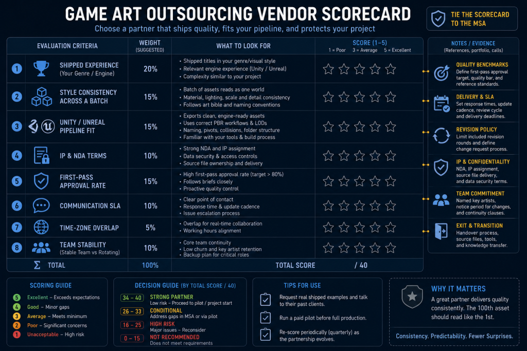 Vendor scorecard for choosing a game art outsourcing studio, covering shipped experience, engine fit and first-pass approval rate
