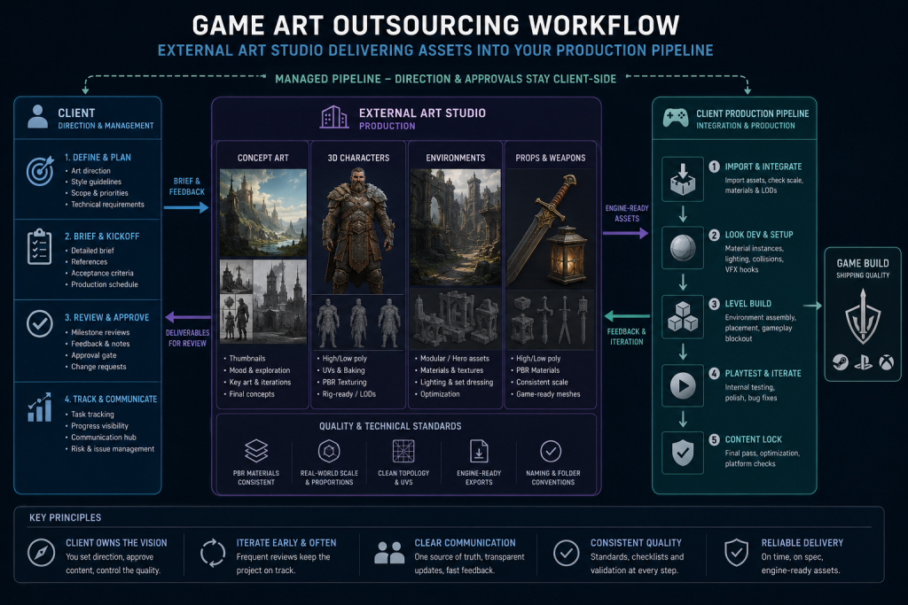 Game art outsourcing workflow showing external studio delivering concept art, 3D characters and environments into a client production pipeline