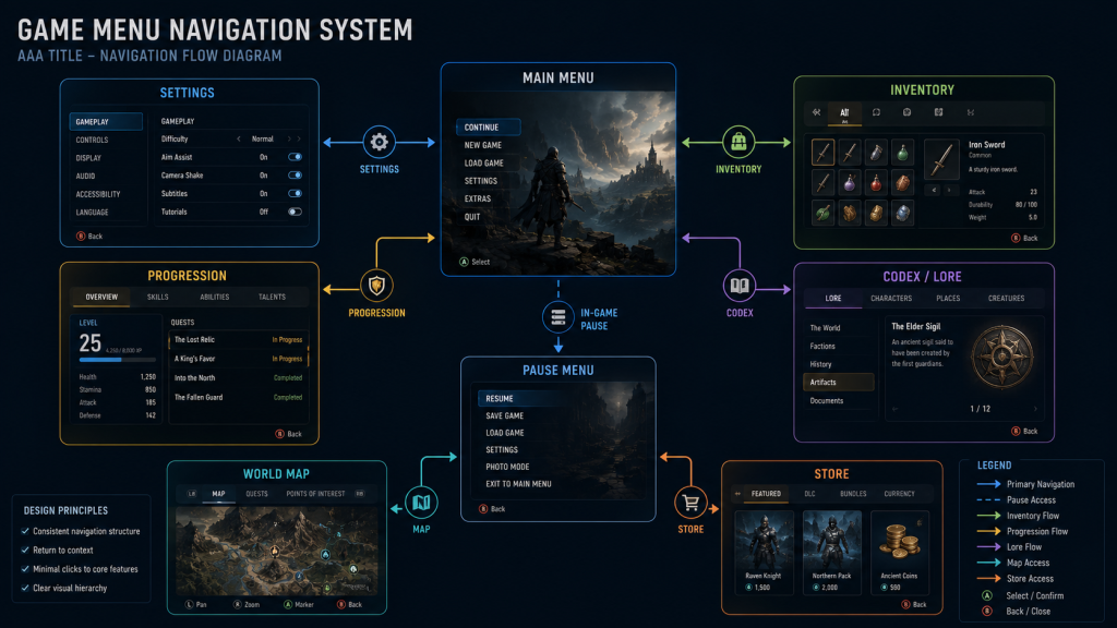 Game menu navigation system diagram linking main menu, settings, inventory and progression screens in a AAA title
