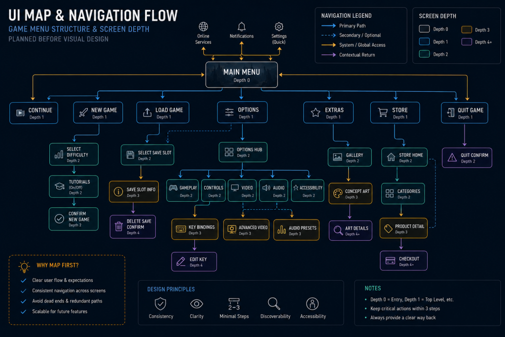UI Map flowchart showing game menu navigation paths and screen depth before visual design begins