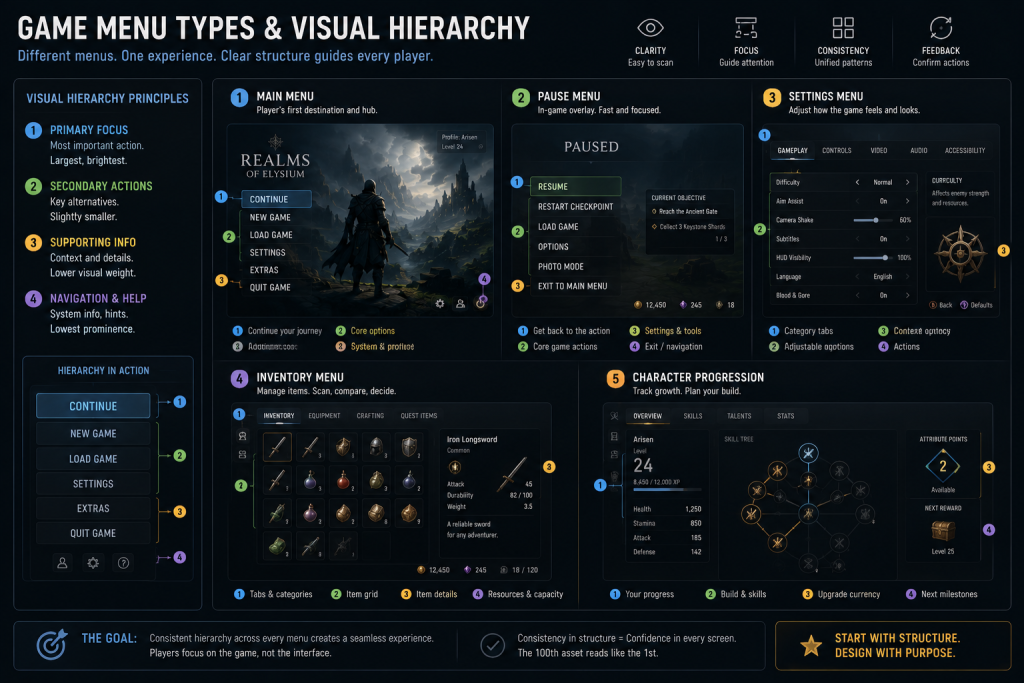 Game menu types and visual hierarchy — main, pause, settings, inventory and character progression screens