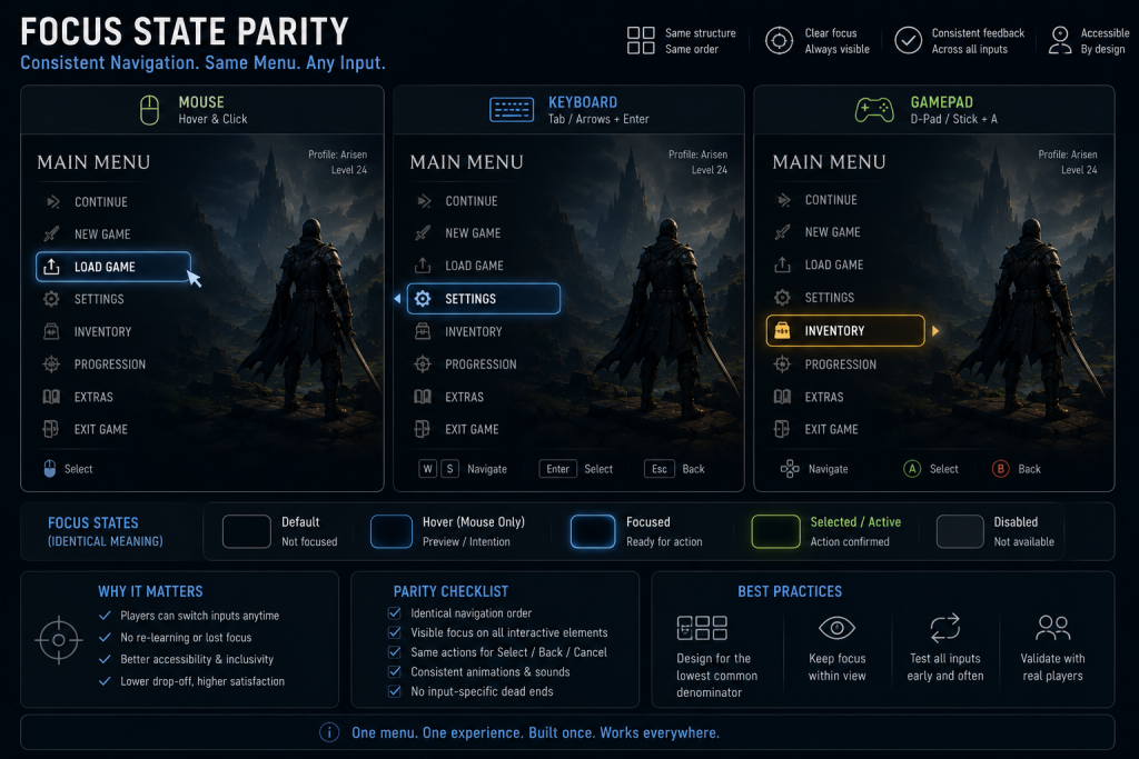 Focus state parity for game UI navigation across mouse, keyboard and gamepad on one menu