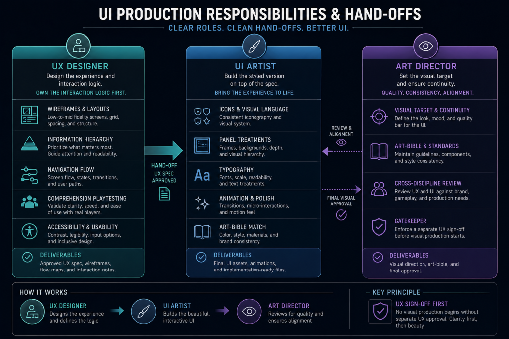 Responsibility chart showing UI artist, UX designer, and art director hand-offs in AAA production