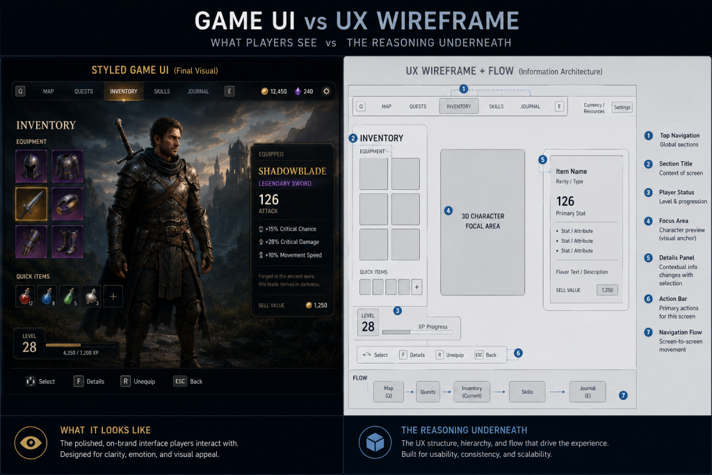 Side-by-side diagram comparing a styled game UI screen with its underlying UX wireframe flow