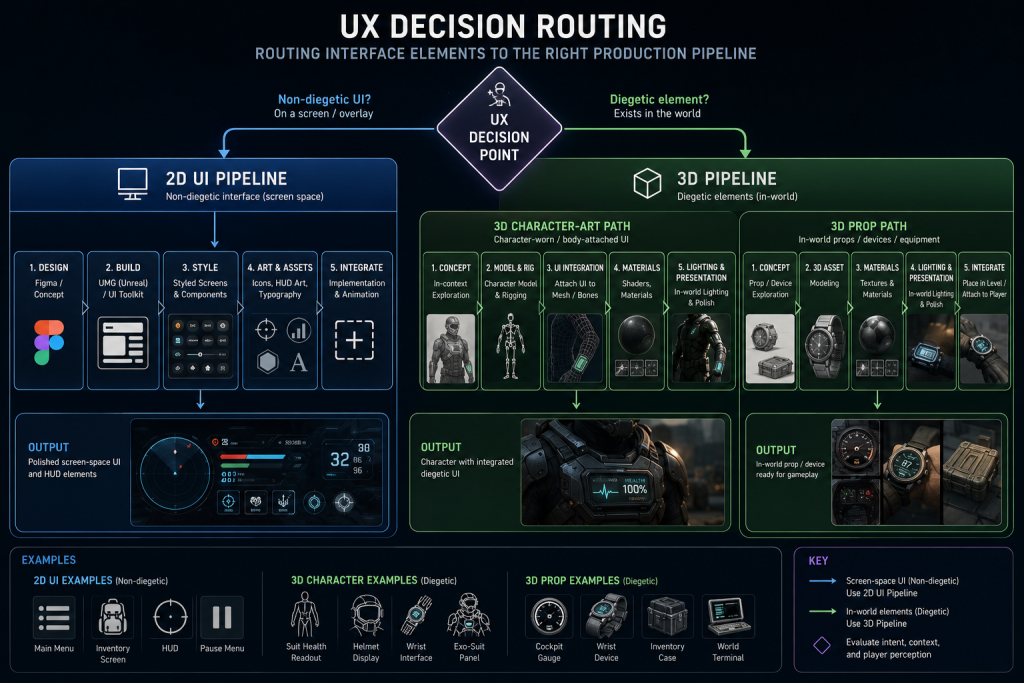 Diagram showing a UX decision routing an interface element into a 2D UI pipeline or a 3D character and prop production pipeline