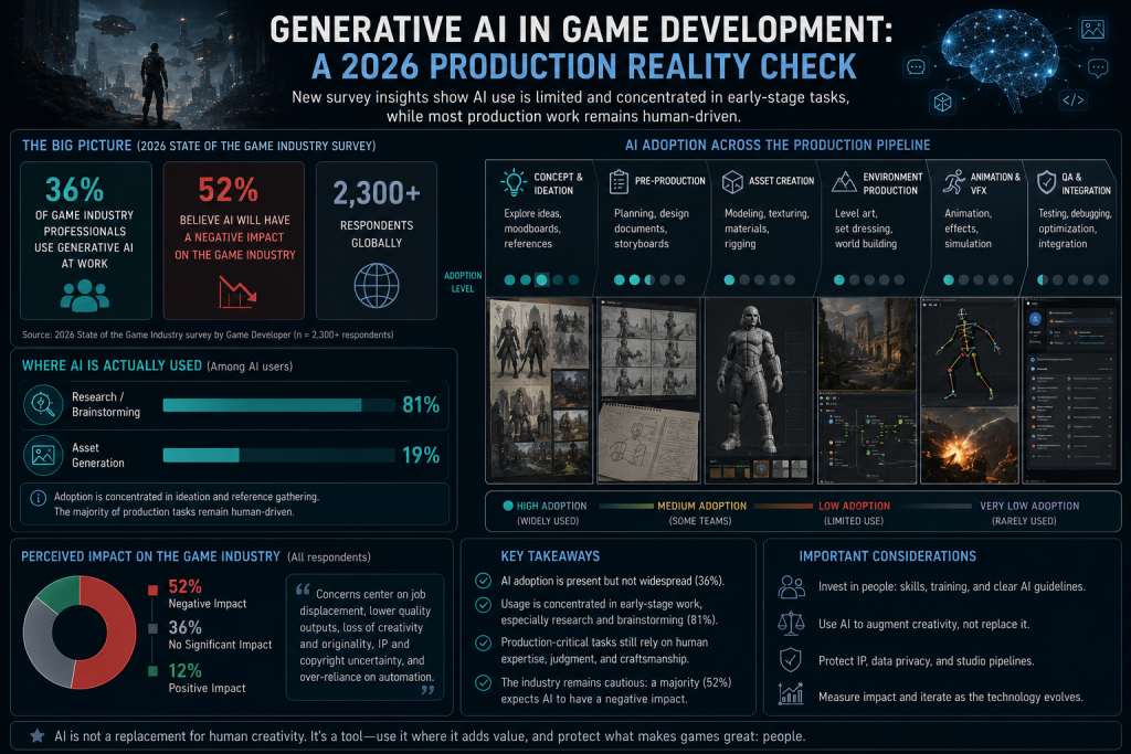 Bar comparison of generative AI adoption versus negative sentiment among game industry professionals, based on the GDC 2026 State of the Game Industry survey