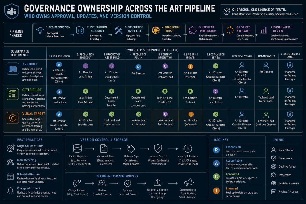 Who owns approval, updates, and version control for the art bible, style guide, and visual target across a game art production pipeline