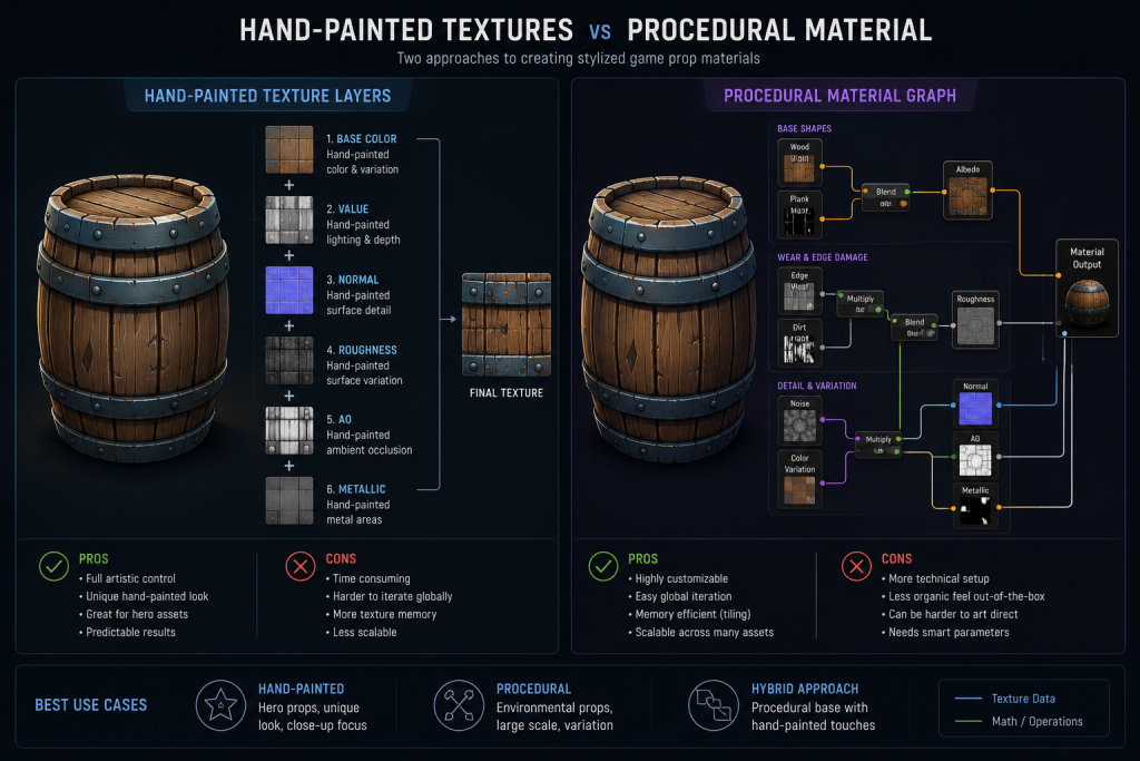 Comparison of hand-painted texture layers versus procedural material graph for stylized 3D game props