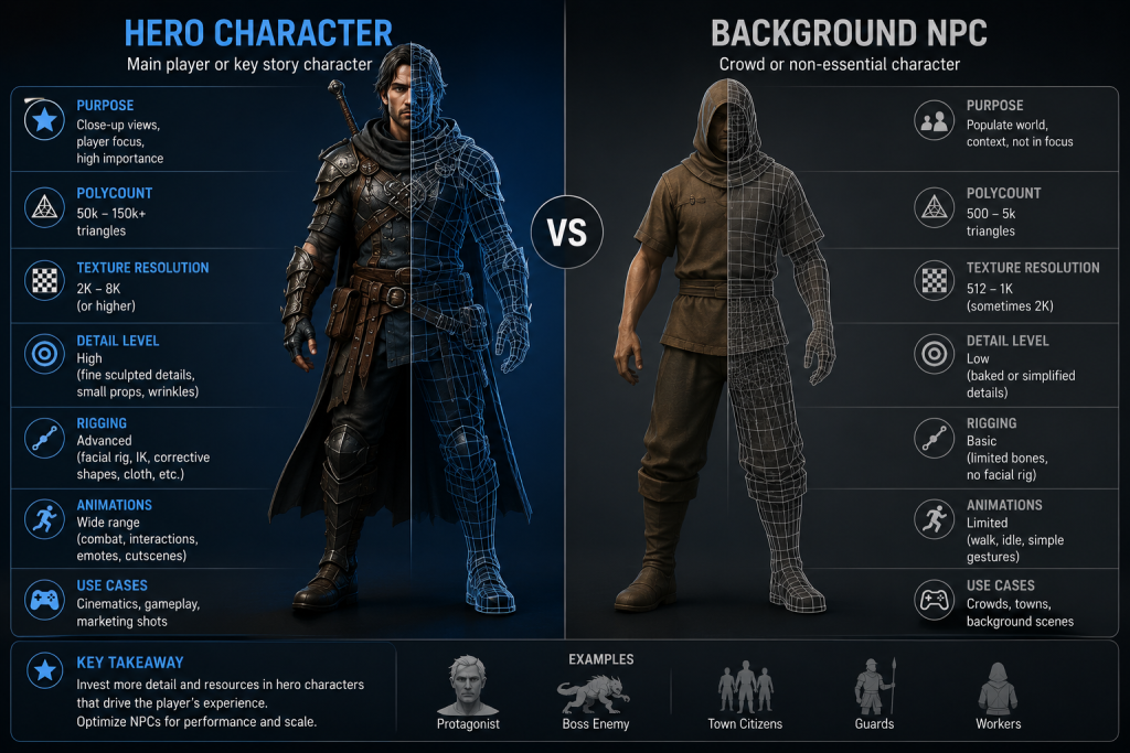 Hero character vs background NPC 3D model detail comparison