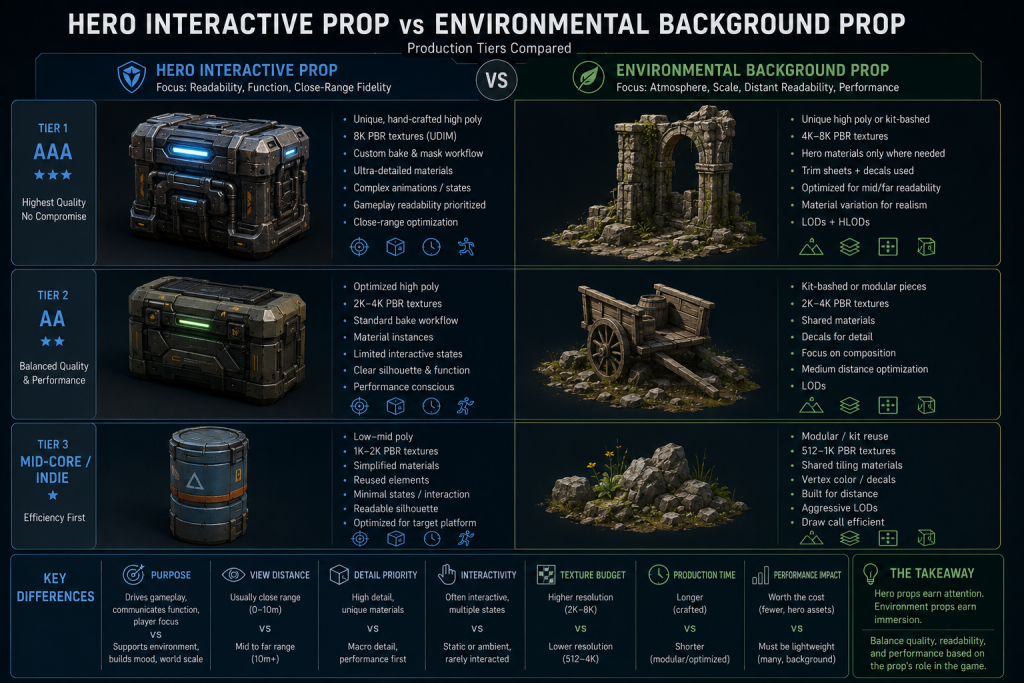 Alt-текст: Comparison diagram of hero interactive game prop versus environmental background prop production tiers