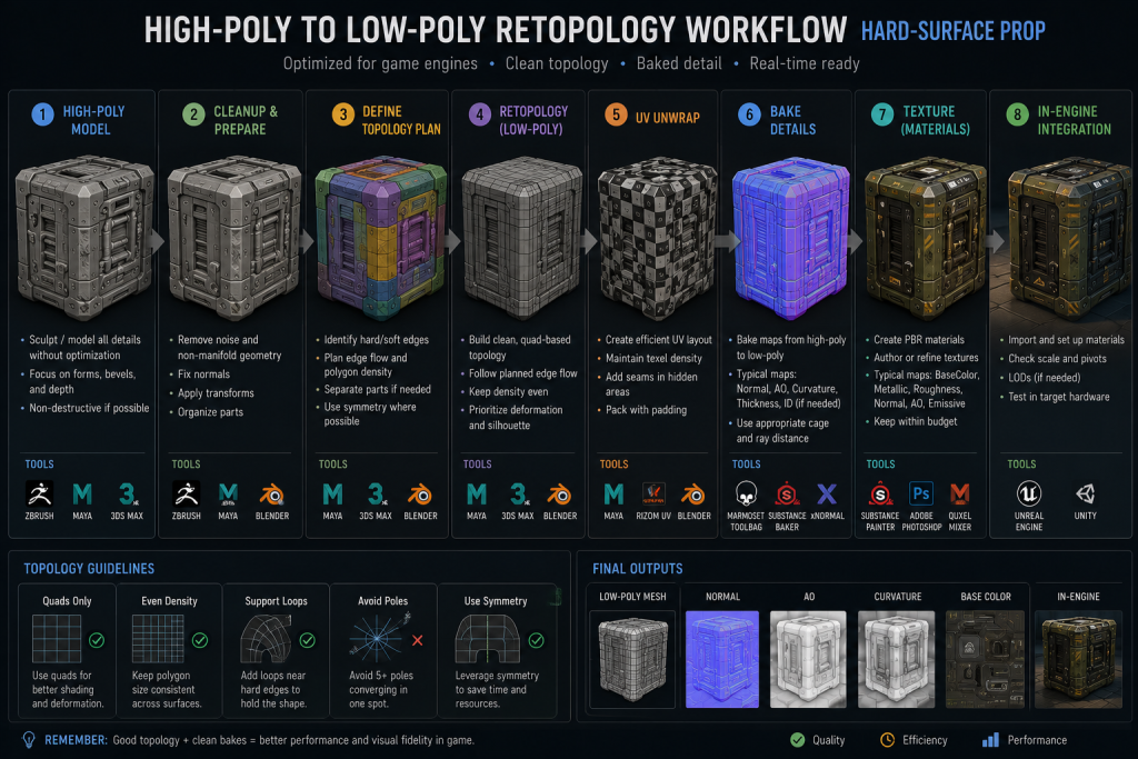High-poly to low-poly retopology workflow for a hard-surface game prop