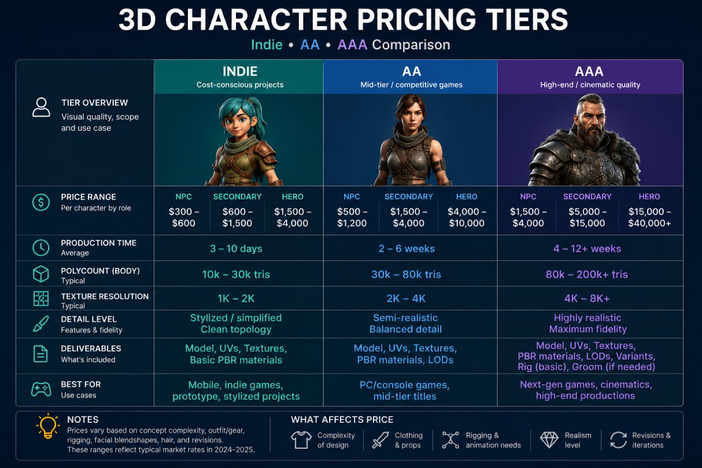 Cost comparison chart showing indie, AA, and AAA 3D character pricing tiers