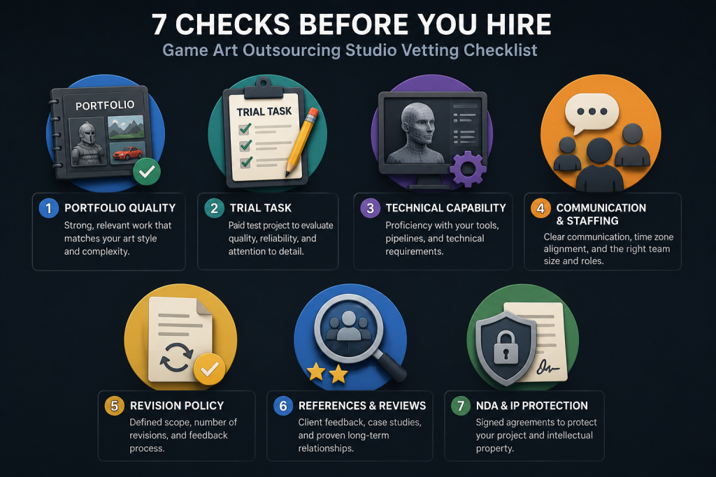Checklist icons representing game art outsourcing studio vetting criteria