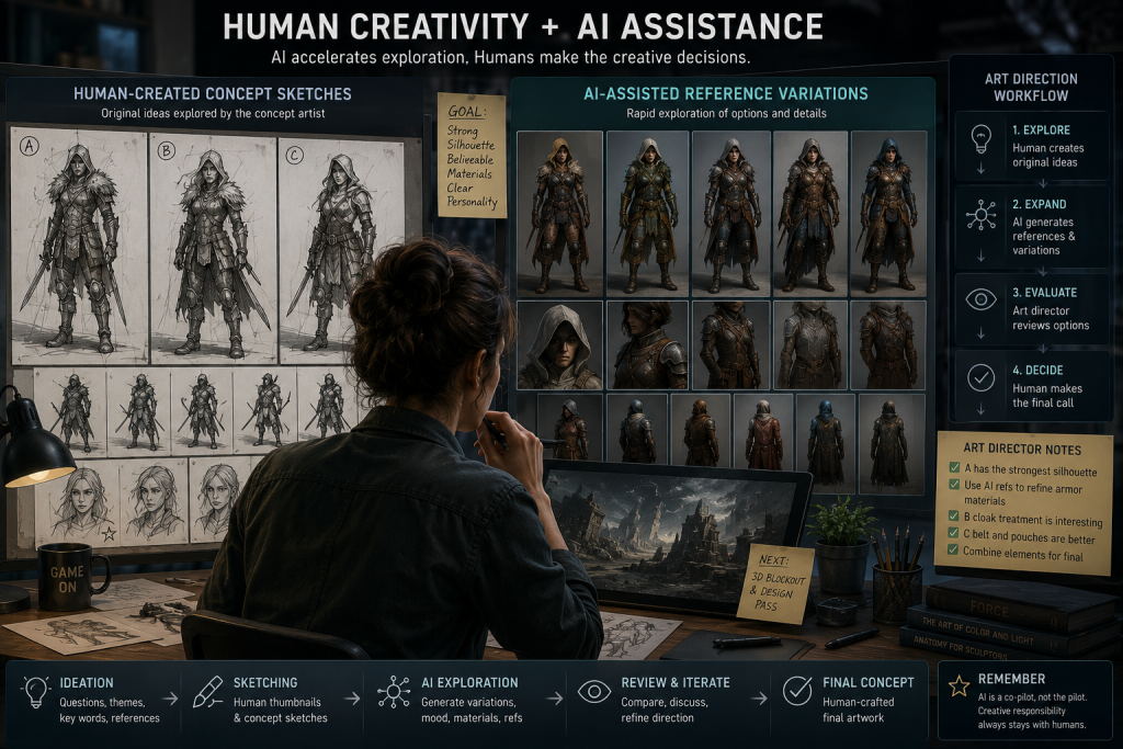 Art director reviewing human-created concept sketches alongside AI-assisted reference variations in a game production pipeline
