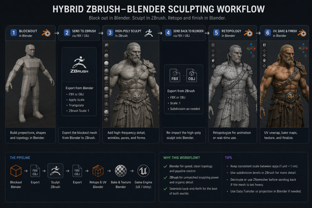 Diagram of the hybrid ZBrush-Blender sculpting workflow, from Blender blockout to ZBrush high-poly detail and backʼ