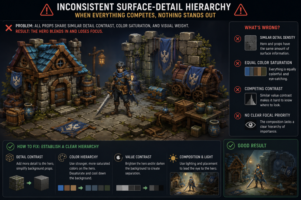 Stylized hero and background props with inconsistent surface-detail hierarchy causing visual competition