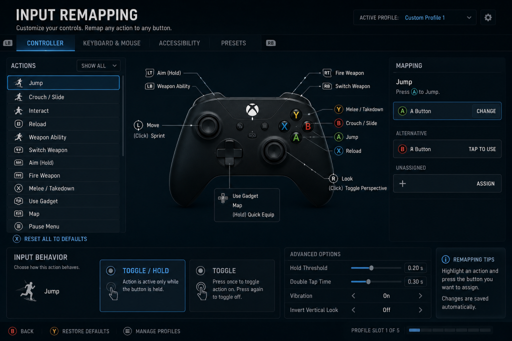 Input remapping menu showing individually rebindable controller buttons and configurable hold-or-toggle behavior