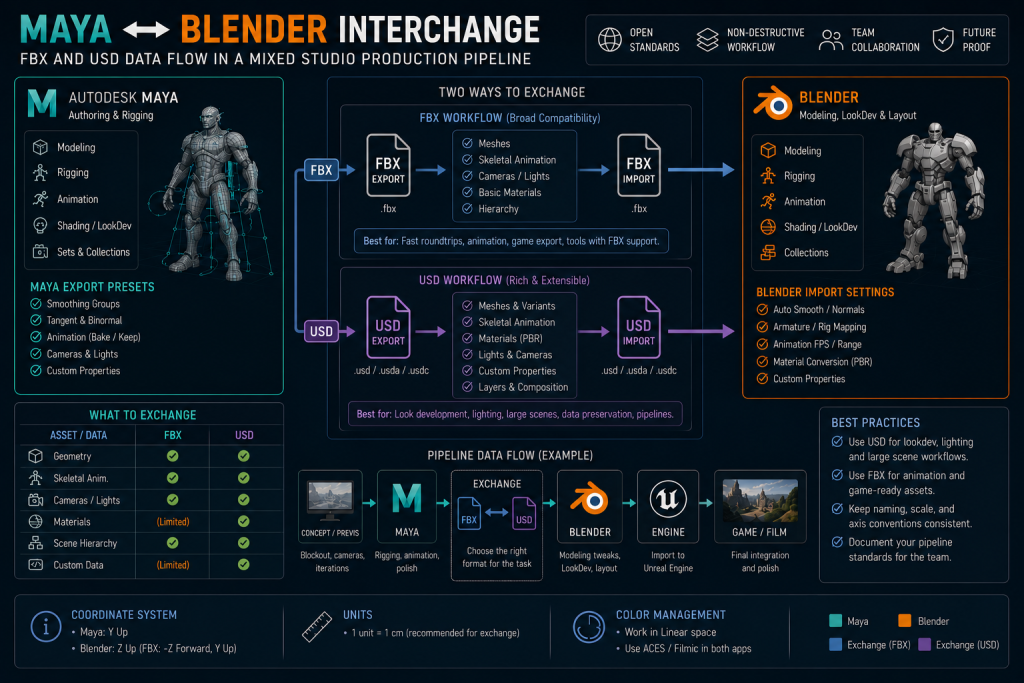 FBX and USD data flow between Maya and Blender in a mixed studio production pipeline