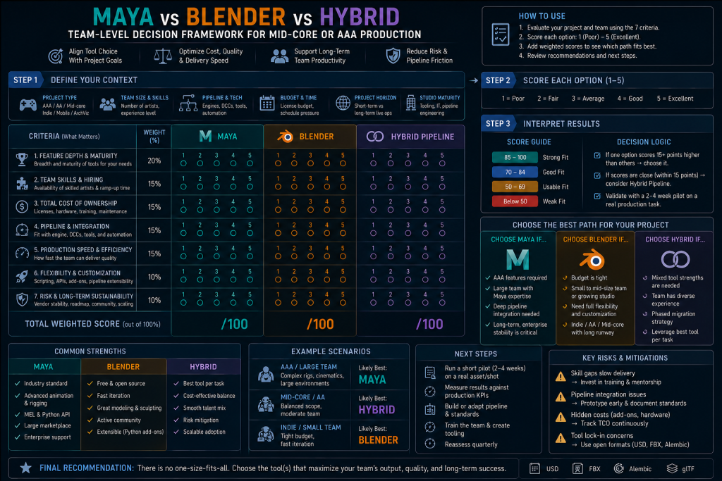 A team-level decision framework for choosing Maya, Blender, or a hybrid pipeline on a mid-core or AAA production