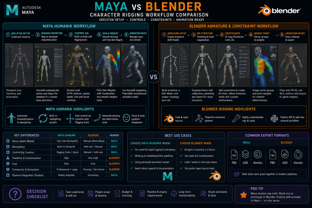 Maya HumanIK character rigging workflow compared to Blender's armature and constraint system