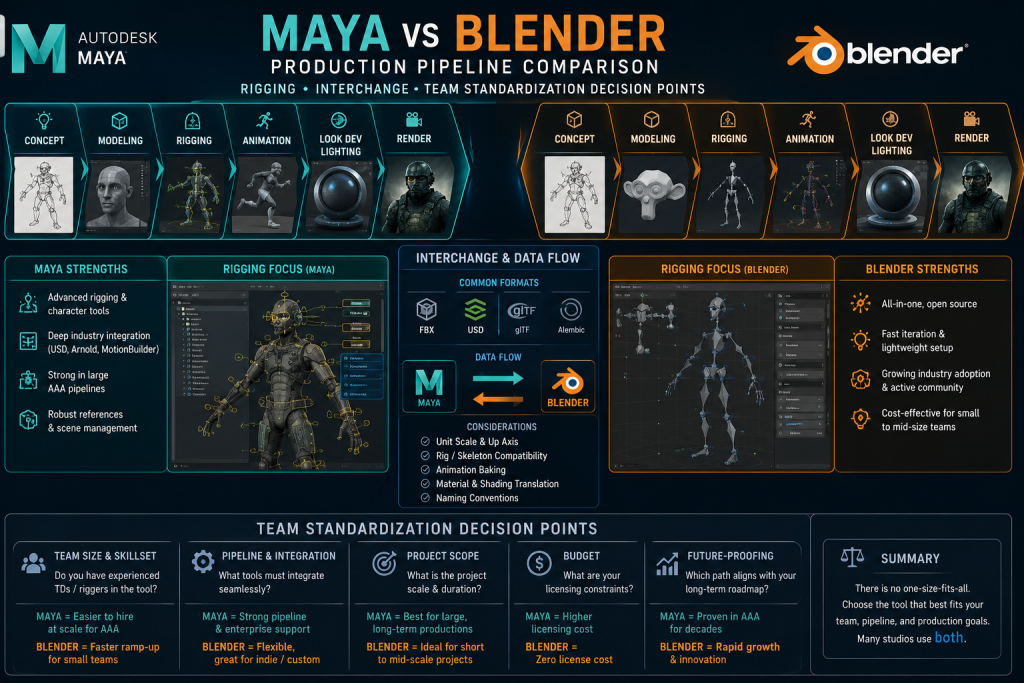 Maya and Blender production pipeline comparison showing rigging, interchange, and team standardization decision points