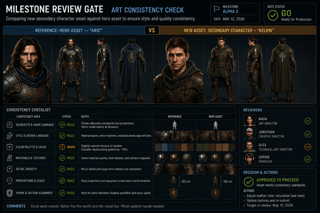 Milestone review gate comparing a secondary character asset against the hero asset for style consistency