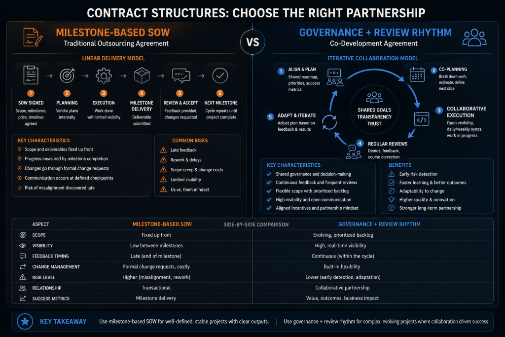 Comparison graphic of contract structures: milestone-based SOW versus governance-plus-review-rhythm co-development agreements