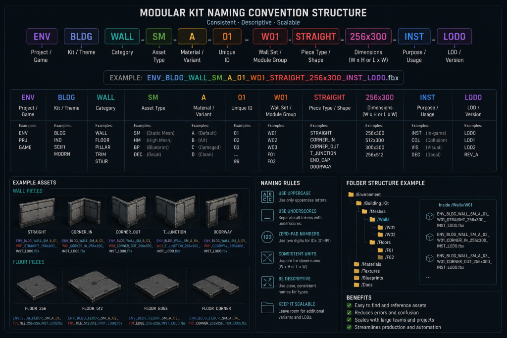 Naming convention structure for a modular kit family of wall and floor pieces