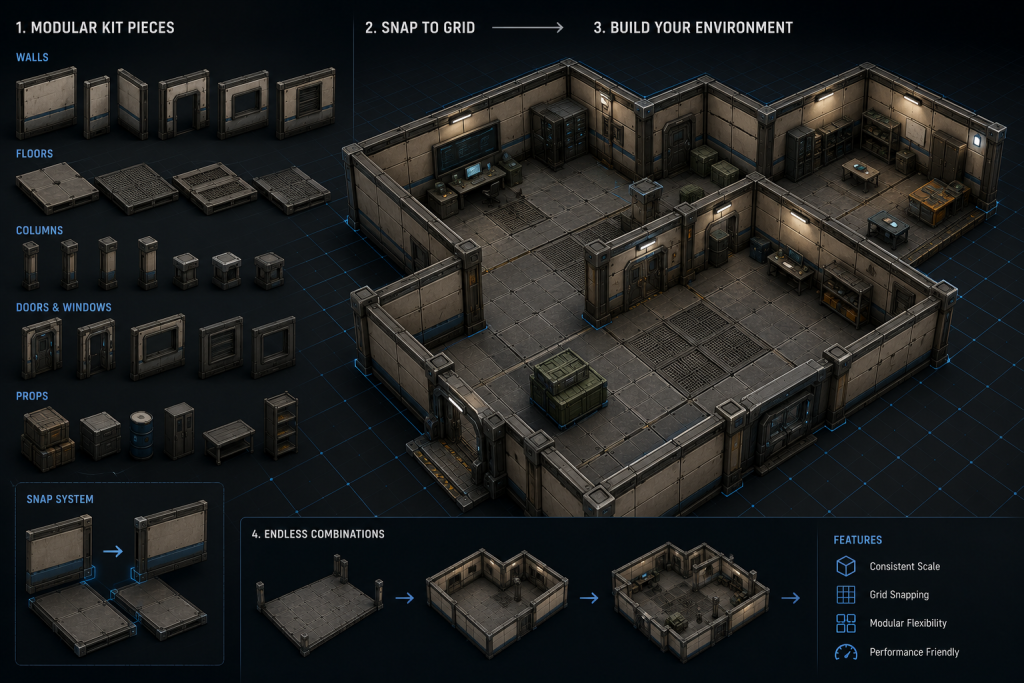 Modular kit pieces snapped together on a grid to form a building interior